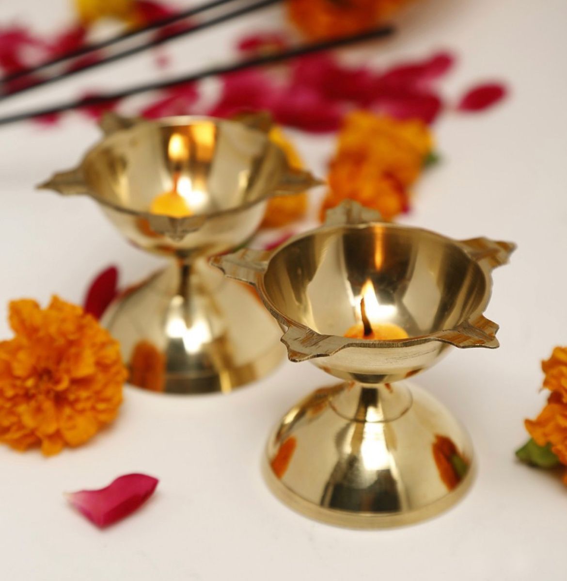 Brass Panchmukhi Diya (Gold, Pack of 2)